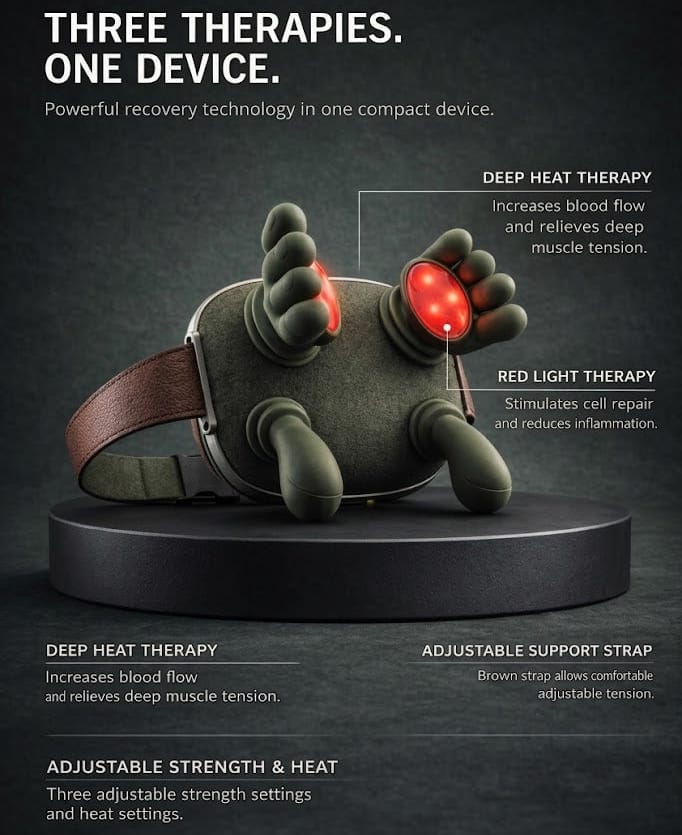 Feature infographic showing the green massager's heated heads, settings, and support strap
