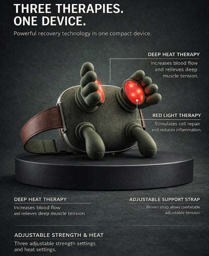 Feature infographic showing the green massager's heated heads, settings, and support strap