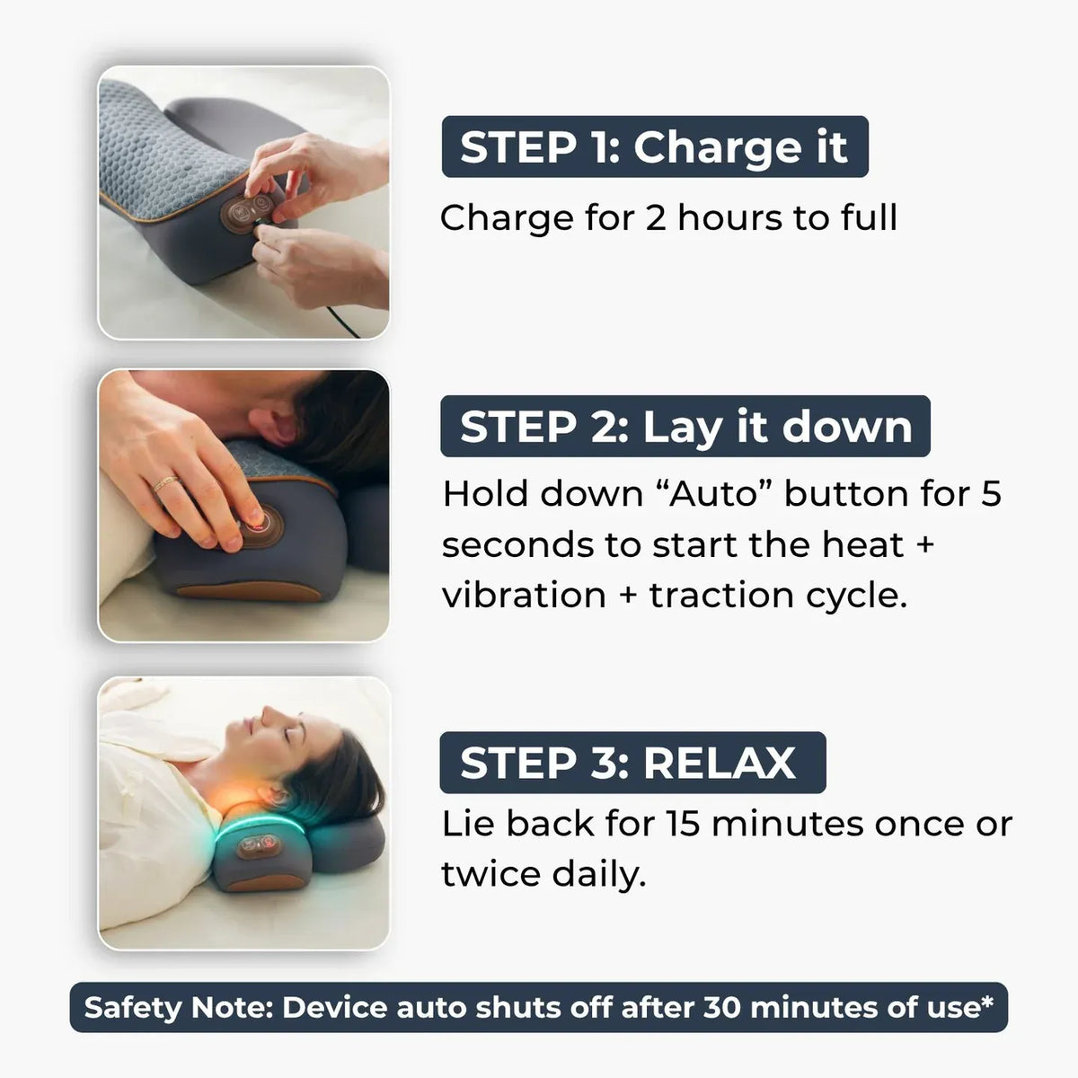 Three-step guide for charging, positioning, and using the neck traction massager