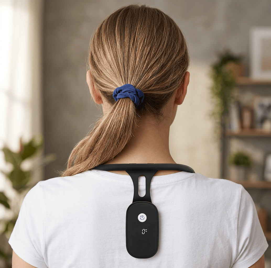Smart Vibrating Posture Corrector worn by a woman over a white t-shirt for back support at home