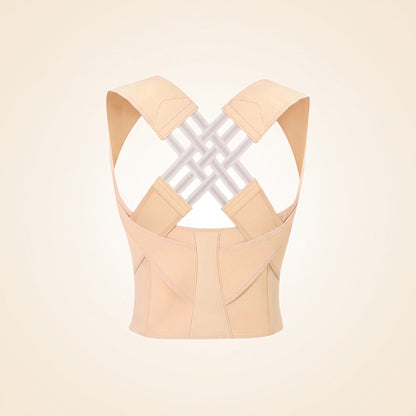 Beige Pro Back Posture Corrector with crossed elastic straps and wide waist panel