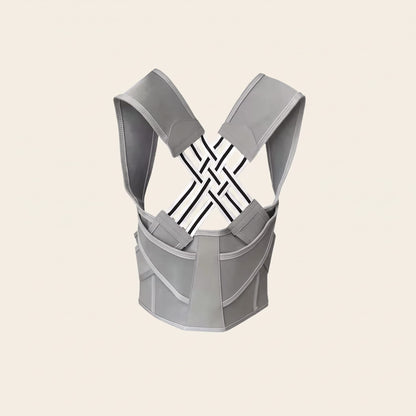 Gray Pro Back Posture Corrector with black-and-white crossed elastic straps