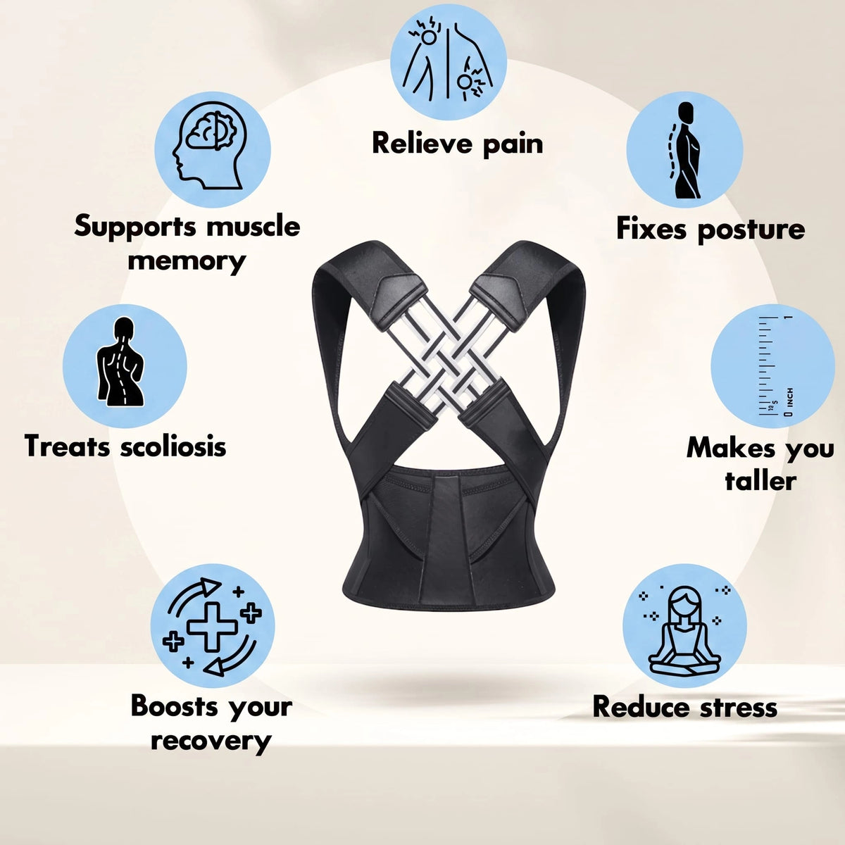 Feature infographic showing a black Pro Back Posture Corrector with posture and comfort icons
