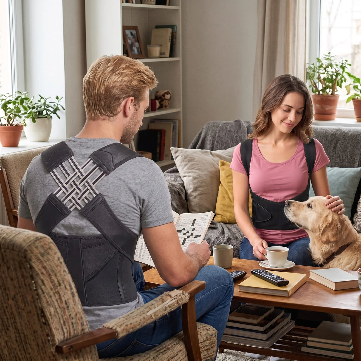 Pro Back Posture Corrector worn by a couple in a living room for posture support