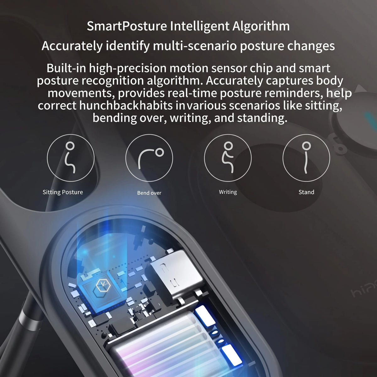 Internal circuit and motion sensor infographic for the Smart Neck Posture Corrector