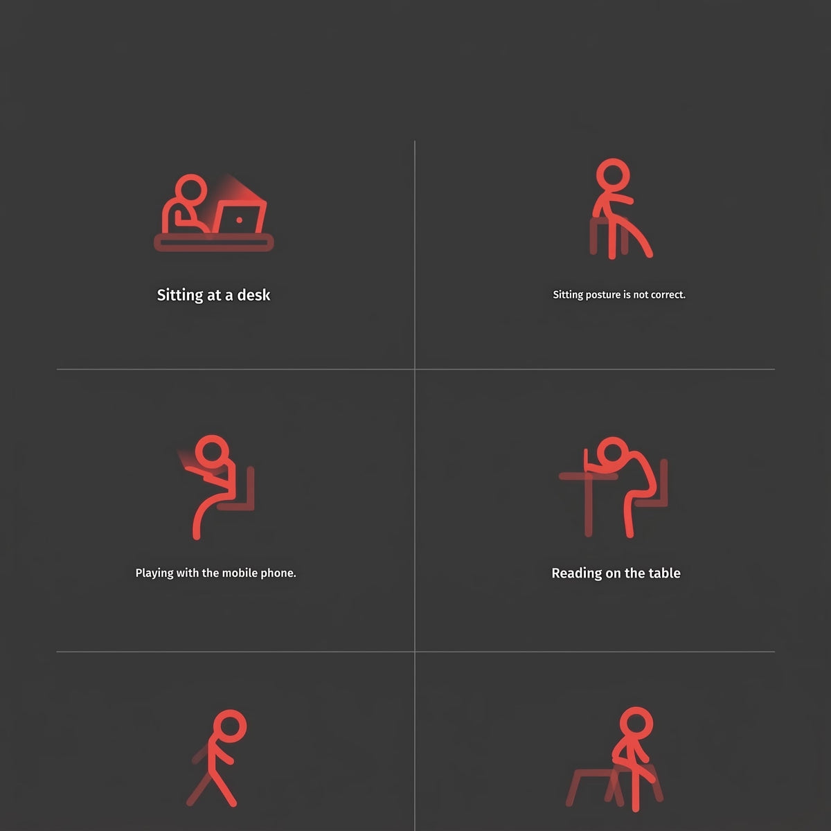 Red stick-figure diagrams showing sitting, phone use, reading, walking, and standing postures