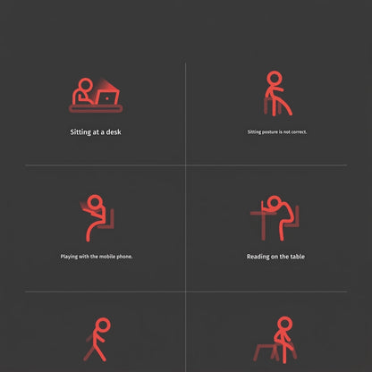 Red stick-figure diagrams showing sitting, phone use, reading, walking, and standing postures