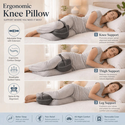 Side Sleeper Alignment Pillow between a woman's knees for sleeping on her side in bed