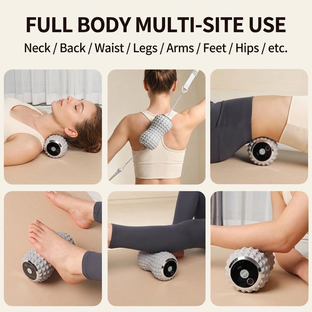 White vibrating muscle roller shown at the neck, back, waist, feet, legs, and arms