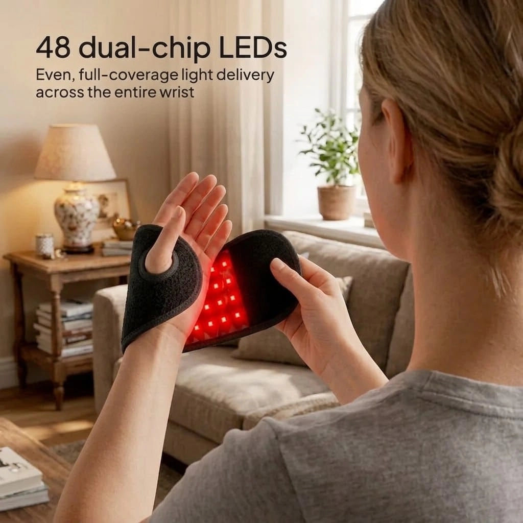 Woman opening a black wrist wrap to show its illuminated red LED panel