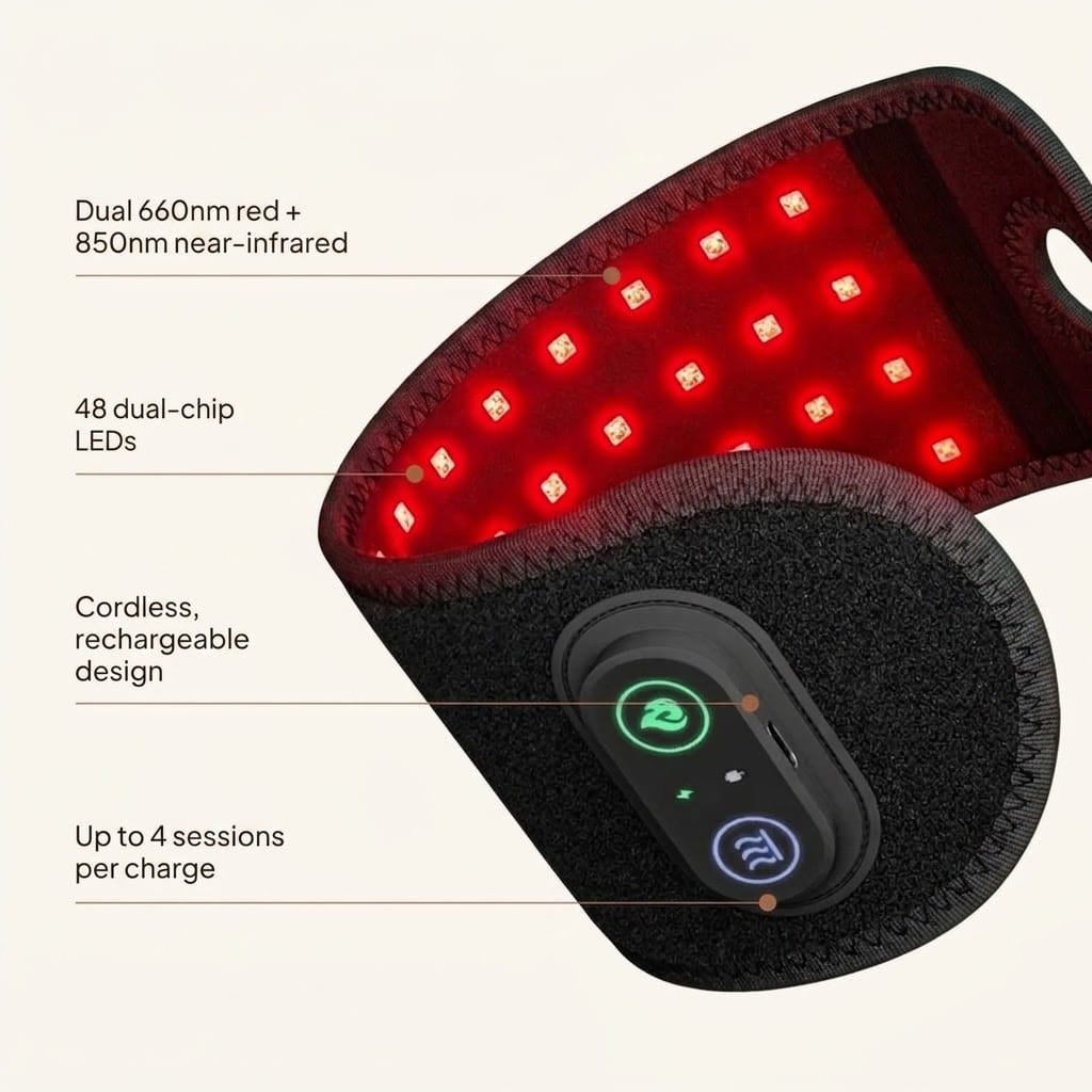 Open black wrist wrap showing 48 red LEDs, control panel, and rechargeable design