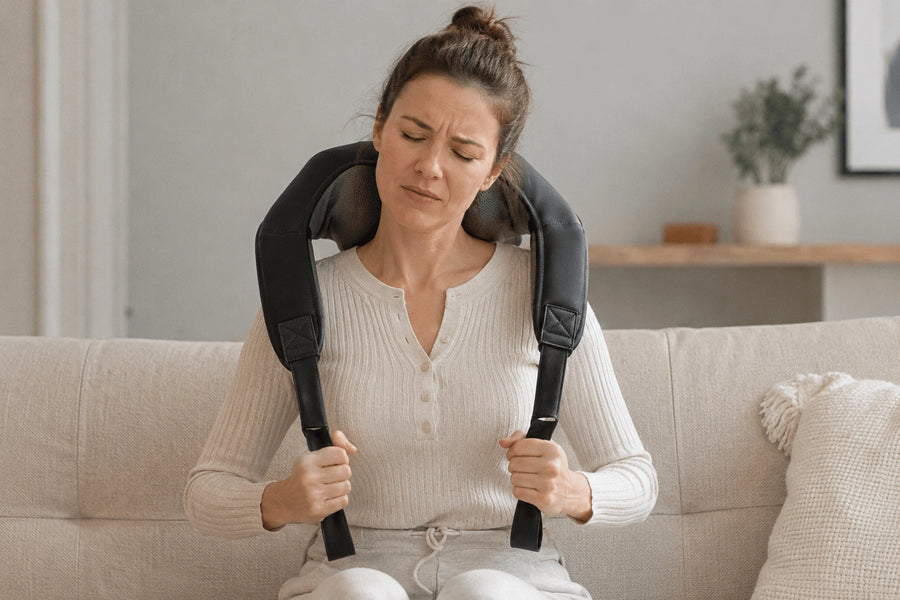 Woman wearing a black neck and shoulder massager and holding its straps