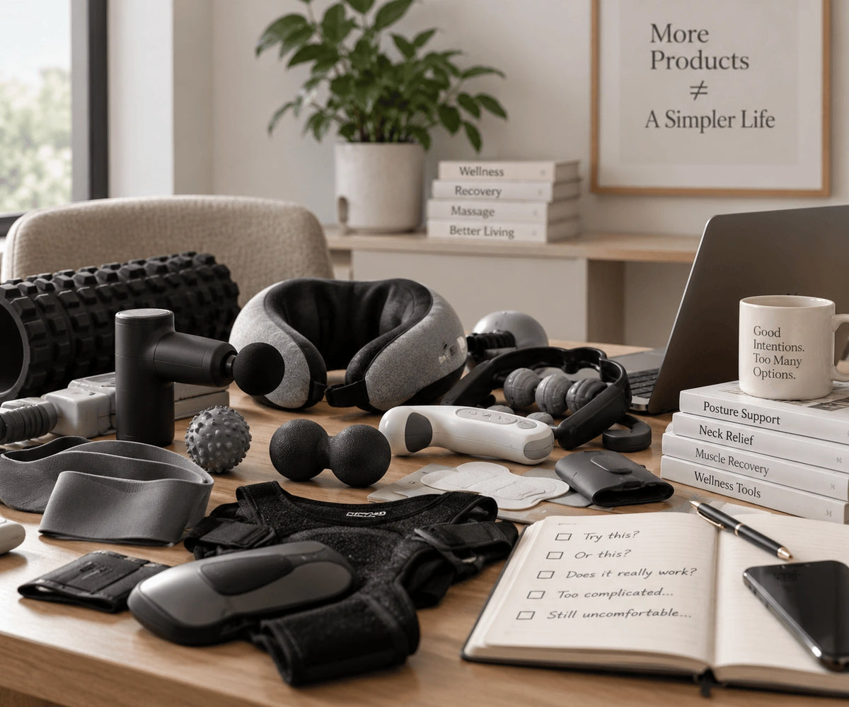 Massage devices arranged on a sofa in a living room