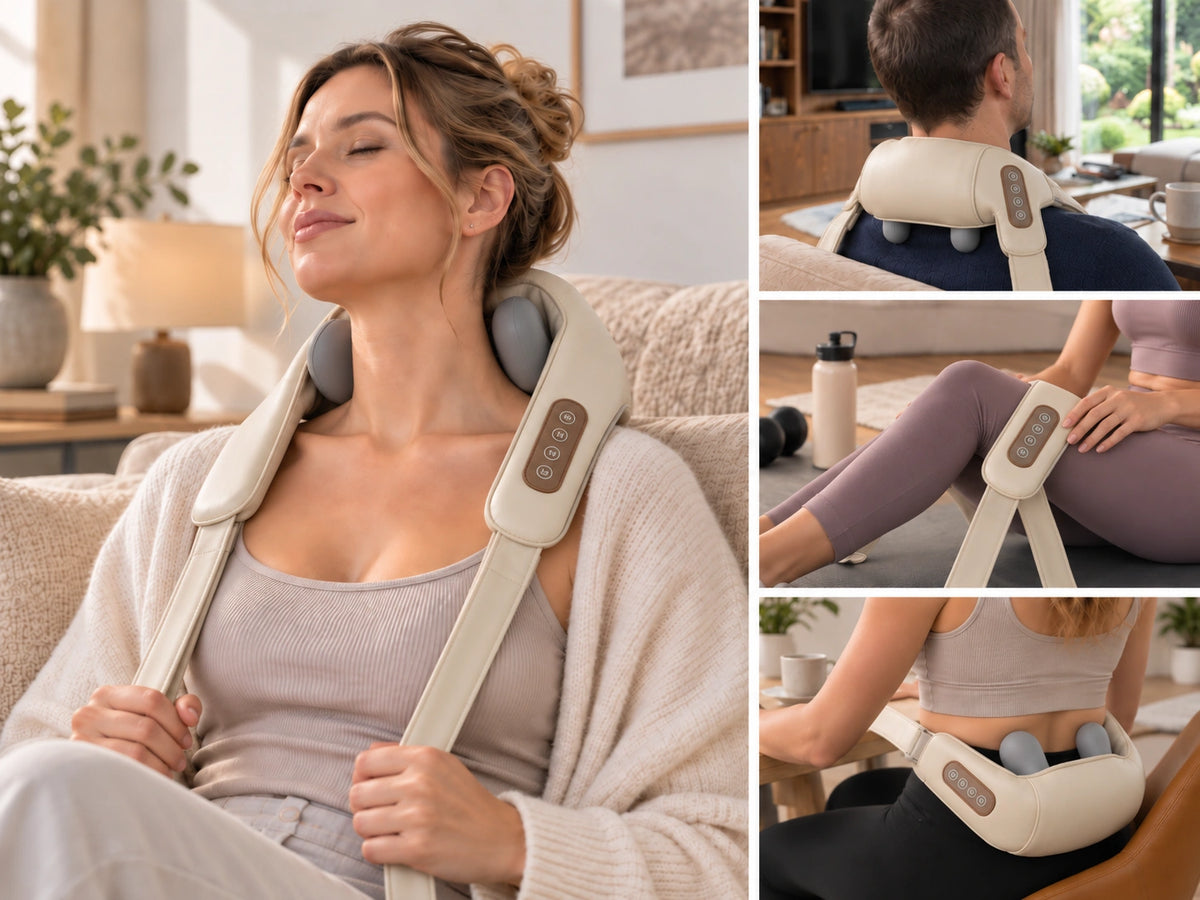 Collage of a woman wearing a beige neck and shoulder massager and close-up device views