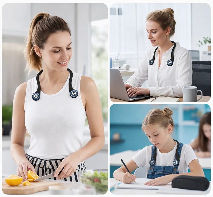 Women and a student wearing a black electronic neckband while cooking, working, and studying