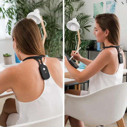 Smart Vibrating Posture Corrector worn by woman at desk for back support