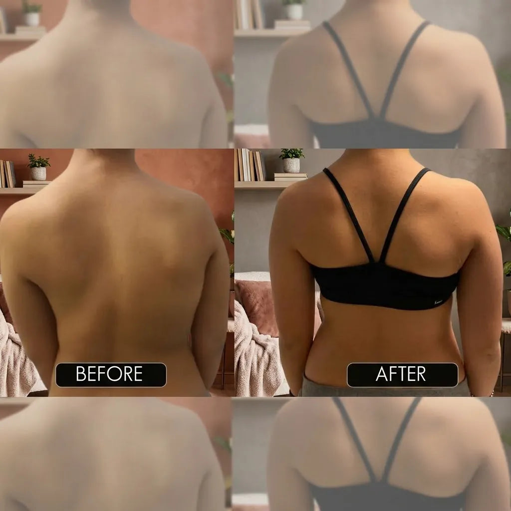 Rear before-and-after comparison of a woman's shoulder posture