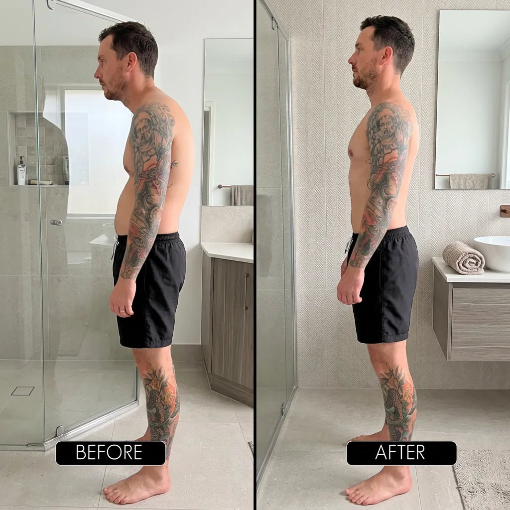 Pro Back Posture Corrector before and after: slouching vs upright posture in bathroom