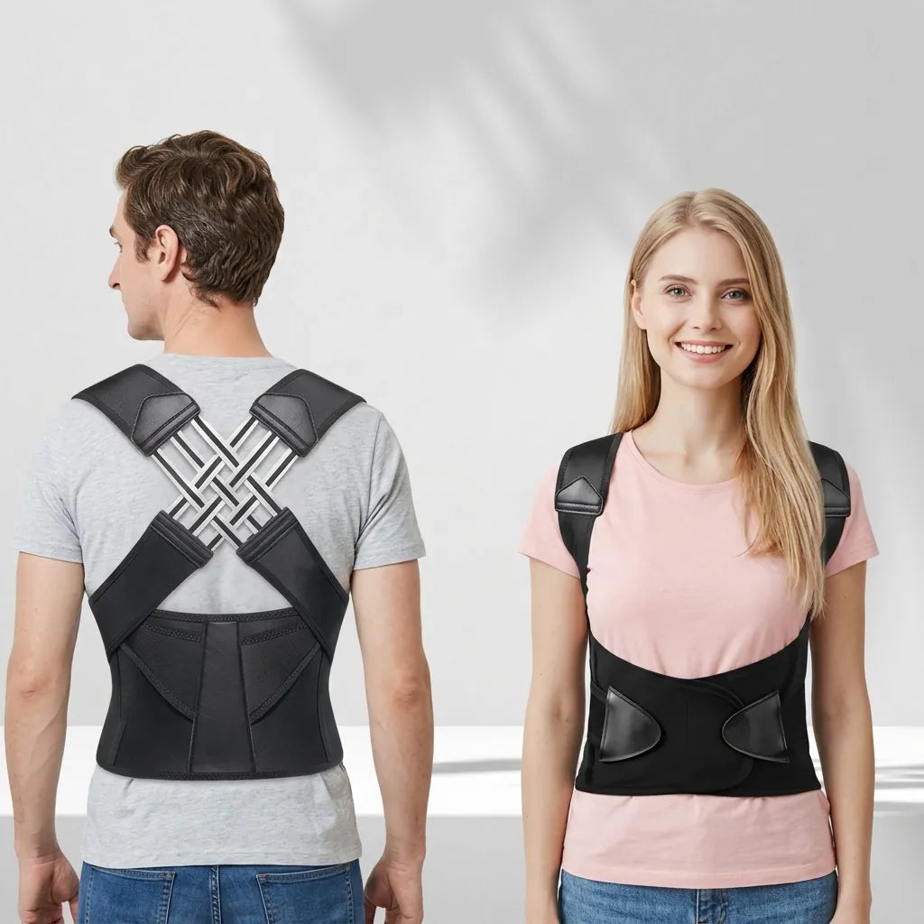 Man and woman wearing a black Pro Back Posture Corrector, shown from rear and front